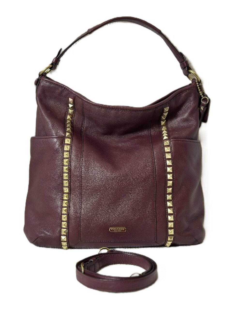 COACH Park Oxblood Leather Hobo Crossbody Pyramid Studs Side Pockets F32898